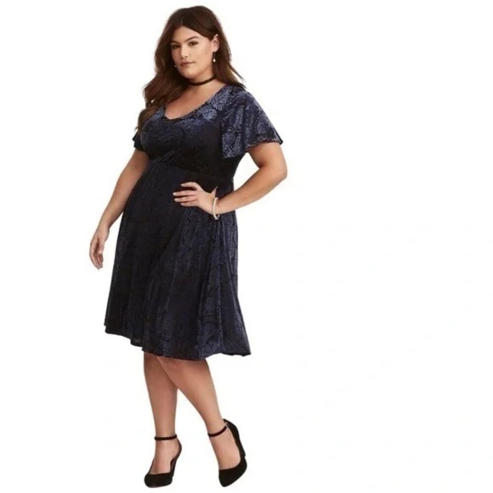 Torrid Navy Blue Plus Size Flocked Velvet Open Back V-Neck Skater Dress
